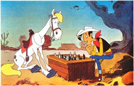 Lucky Luke spelar schack med sin häst Jolly jumper